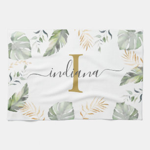 Monogram Name Botanical Palms Leaves Green Gold Kitchen Towel