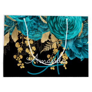 Monogram Name Bridal Favor Wedding Teal Roses Gold Large Gift Bag