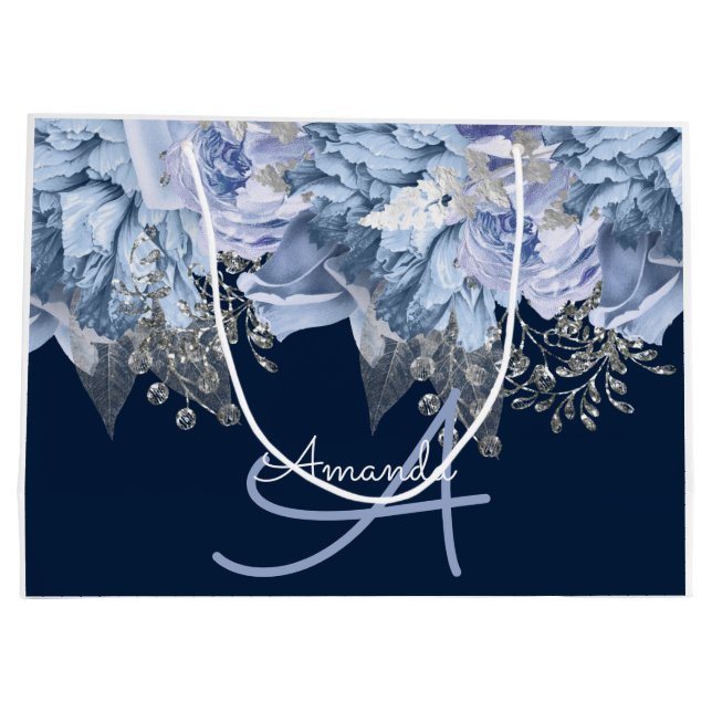 Monogram Name Bridal Favour Wedding Blue Navy Large Gift Bag (Back)