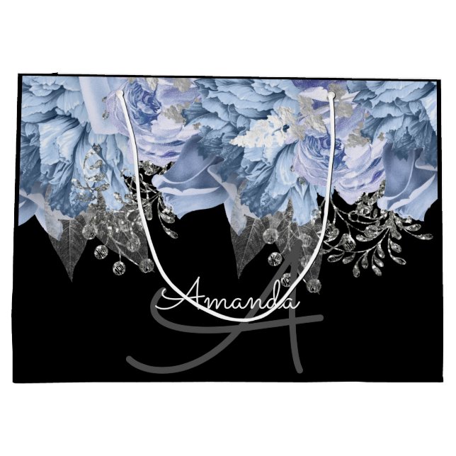 Monogram Name Bridal Favour Wedding Rose BlueFlora Large Gift Bag (Back)