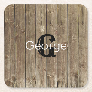 Monogram Name Brown Wood Personalized Square Paper Coaster