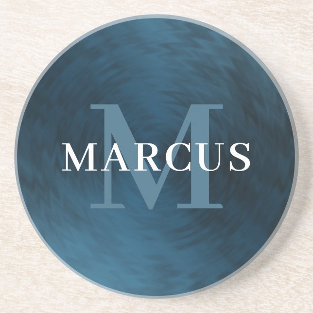 Monogram Name Brushed Metal Blue Steel Coaster (Front)
