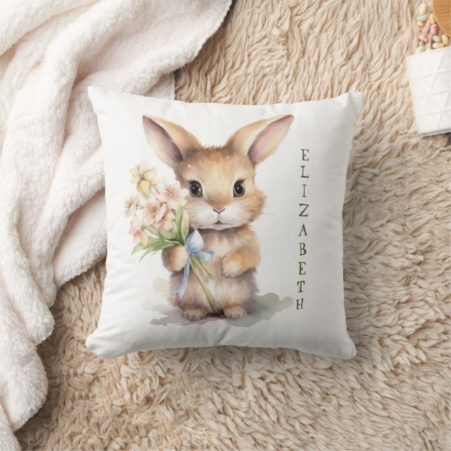 Monogram Name Bunny Nursery Baby Gift Throw Pillow (Blanket)