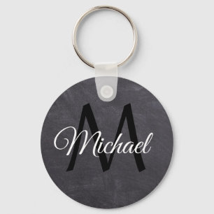 Monogram name, chalkboard, black and white text keychain