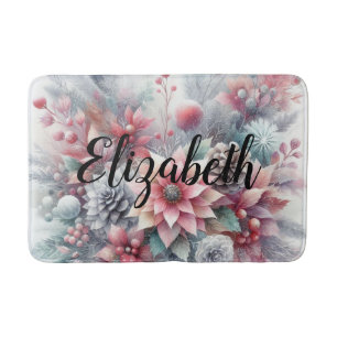 Monogram name Christmas floral pastel watercolor Bath Mat