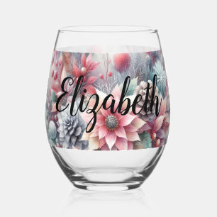 Monogram name Christmas floral pastel watercolor Stemless Wine Glass