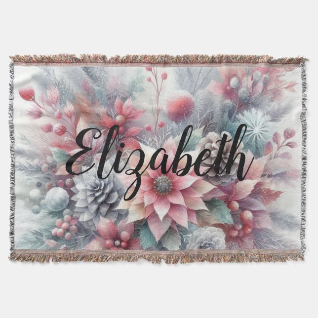 Monogram name Christmas floral pastel watercolor Throw Blanket (Front)
