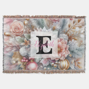 Monogram name Christmas floral pastel watercolor  Throw Blanket