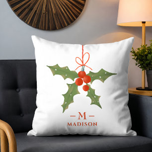 Monogram Name Christmas Holly Winter Floral Throw Pillow