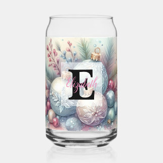 Monogram name Christmas tree ornaments watercolor  Can Glass