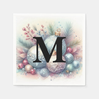 Monogram name Christmas tree ornaments watercolor  Napkin