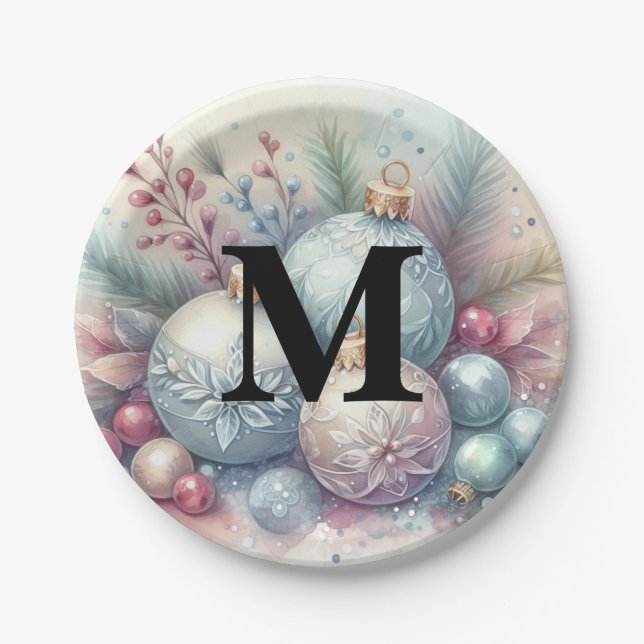 Monogram name Christmas tree ornaments watercolor  Paper Plate (Front)