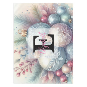 Monogram name Christmas tree ornaments watercolor Tablecloth