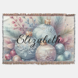 Monogram name Christmas tree ornaments watercolor Throw Blanket