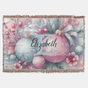 Monogram name Christmas tree ornaments watercolor Throw Blanket