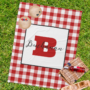 Monogram Name Classic Red Picnic Fleece Blanket