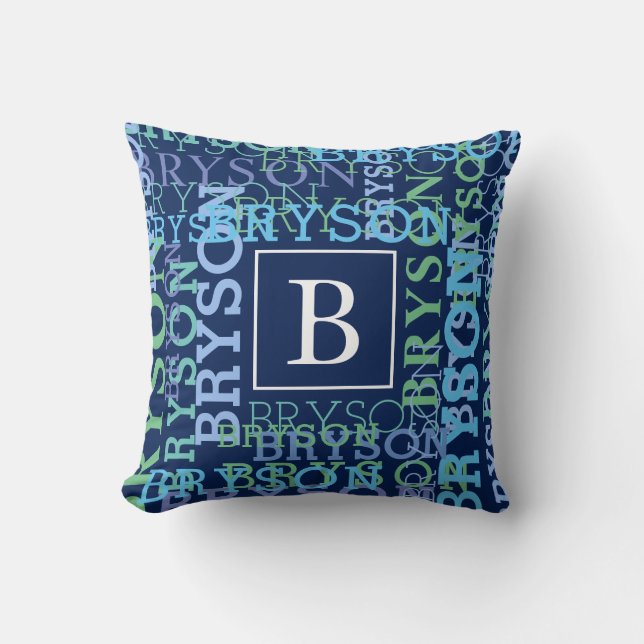 Monogram Name Cluster Blue Throw Pillow (Front)
