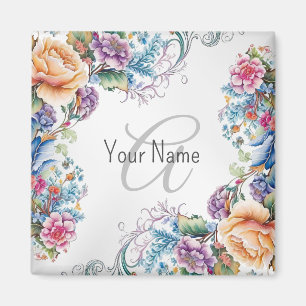 Monogram Name Colorful Floral Frame Elegant Modern Magnet
