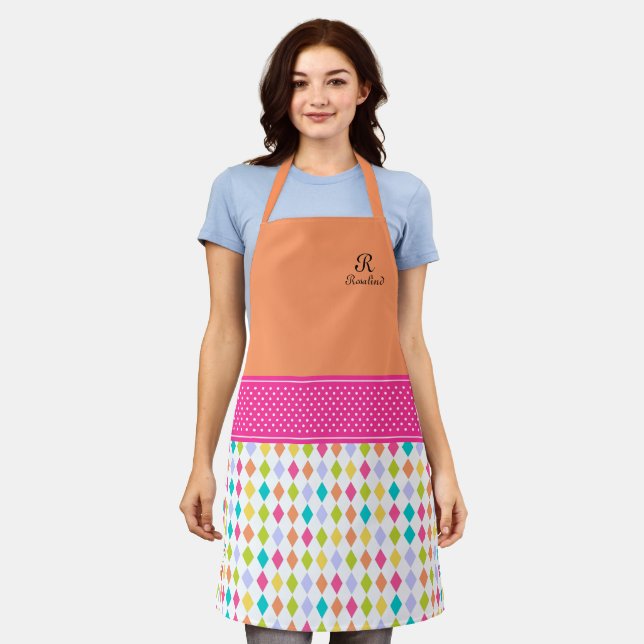 Monogram Name Colourful Diamond Pattern Apron (Worn)