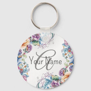 Monogram Name Colourful Floral Frame Elegant Moder Keychain