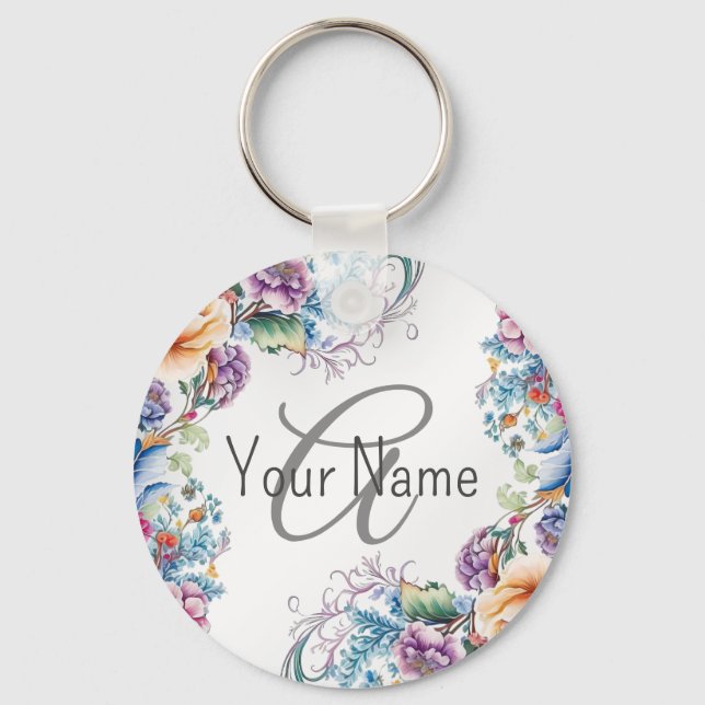 Monogram Name Colourful Floral Frame Elegant Moder Keychain (Front)