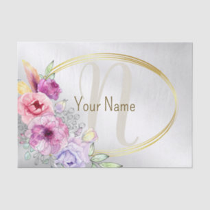 Monogram Name Colourful Pink Floral Golden Frame Tissue Paper
