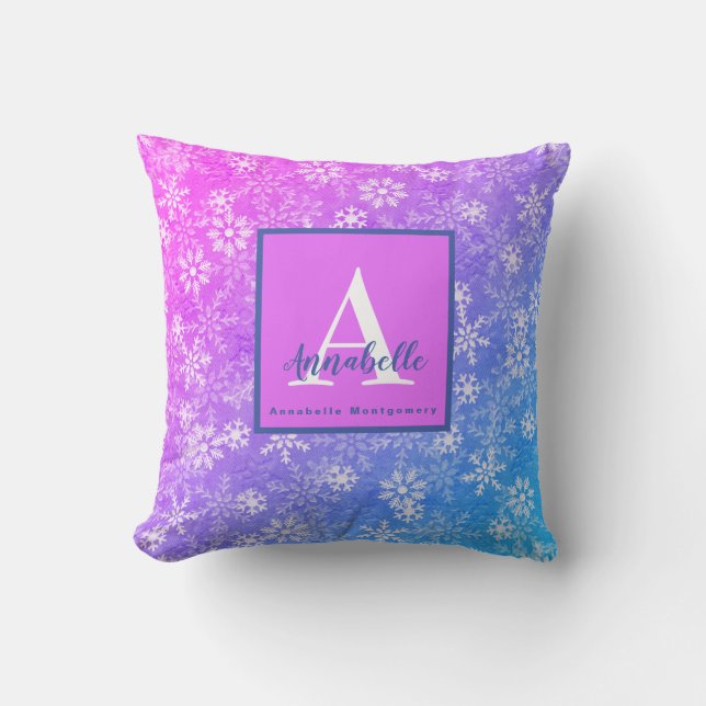 Monogram/Name Colourful Snowflake Pink Purple Blue Throw Pillow (Front)