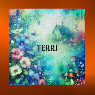 Monogram Name Cottagecore Watercolor Teal/Pink   Jigsaw Puzzle