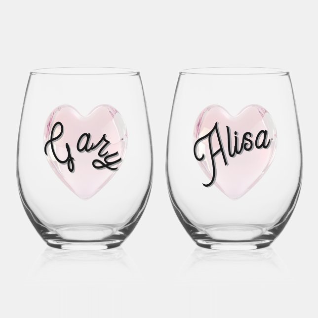  Monogram Name Couples Personalized Calligraphy  Stemless Wine Glass (Front)