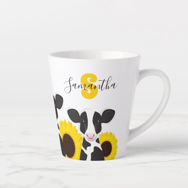 Monogram Name Cow Floral Sunflower Latte Mug (Right)