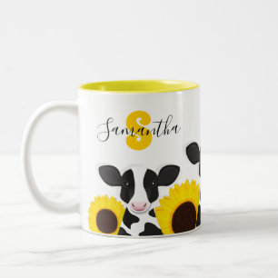 Monogram Name Cow Floral Sunflower Two-Tone Coffee Mug