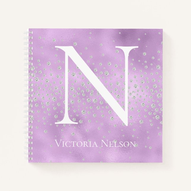 Monogram Name Customized Purple Crystals Shiny Notebook (Front)