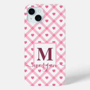 Monogram name Cute Girly Pink Heart iPhone 15 Mini Case