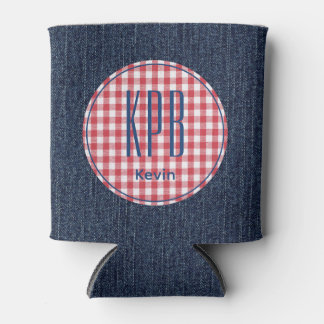 Monogram Name Dark Blue Denim Print Gingham Check Can Cooler