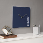 Monogram Name Dark Blue White Modern Stripes Square Wall Clock<br><div class="desc">Add a name or initials to the bold monogram. The dark navy blue and white striped pattern offers a trendy look. It makes the best gift for Father's Day, birthday, Christmas holidays and corporate, business, boss gifts.</div>