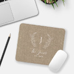 Monogram name elegant chic personalized mouse pad<br><div class="desc">Custom white botanical monogram and family name modern elegant chic rustic stylish dark beige burlap personalized mousepad.         A modern gift for weddings,  anniversaries,  Thanksgiving,  Christmas,  or any other occasion.</div>