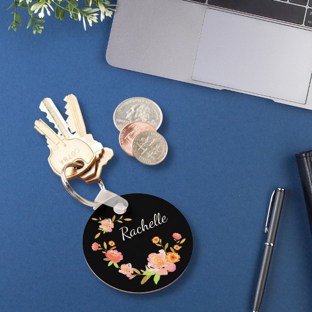 Monogram Name Elegant Floral Flowers Keychain (Creator Uploaded)