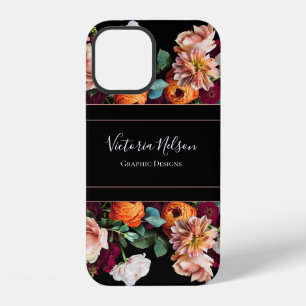 Monogram Name Elegant Floral Rustic Black iPhone 12 Case
