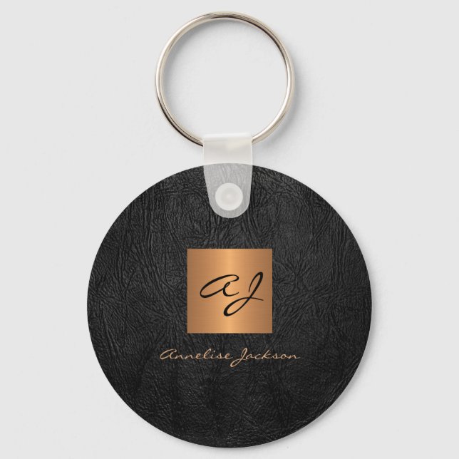 Monogram name elegant modern black gold  keychain (Front)