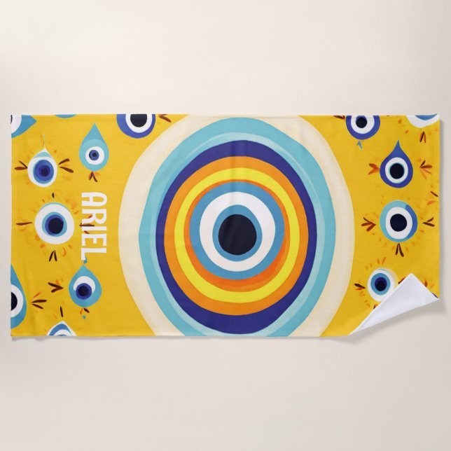 Monogram Name Evil Eye Colourful Retro Beach Towel (Front)
