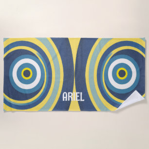 Monogram Name Evil Eye Modern Retro Beach Towel