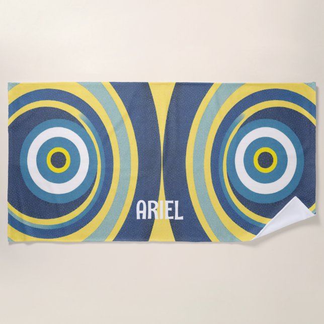Monogram Name Evil Eye Modern Retro Beach Towel (Front)