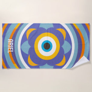 Monogram Name Evil Eye Retro Colourful Beach Towel