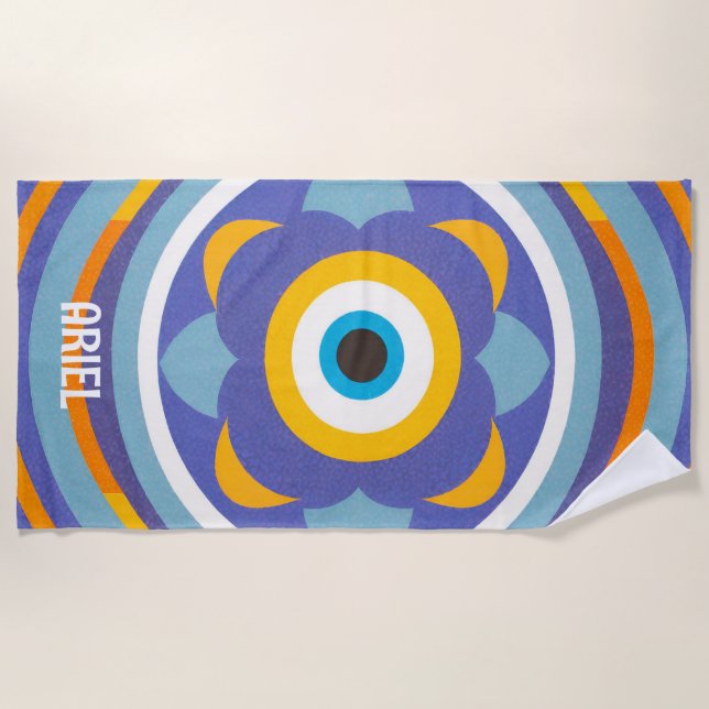Monogram Name Evil Eye Retro Colourful Beach Towel (Front)