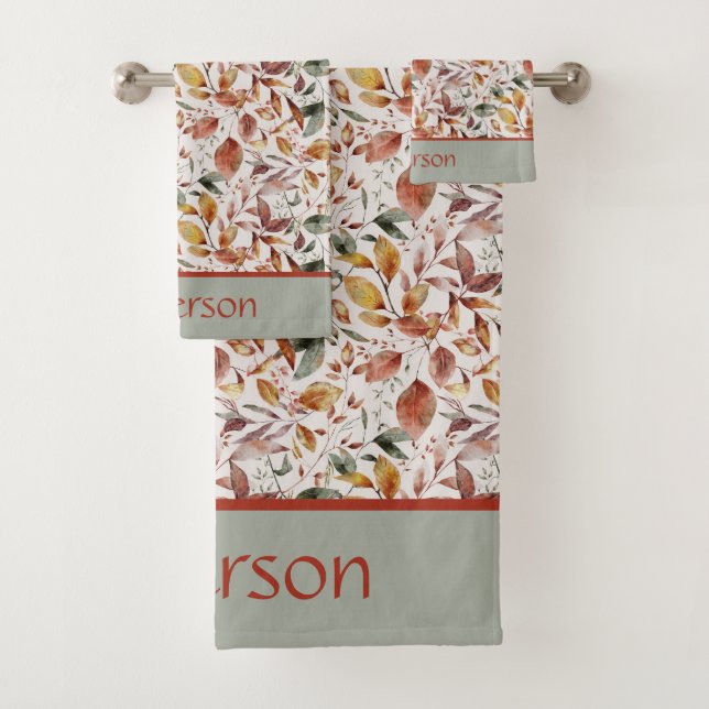 Monogram Name Fall Leaves Green Orange Red  Bath Towel Set (Insitu)