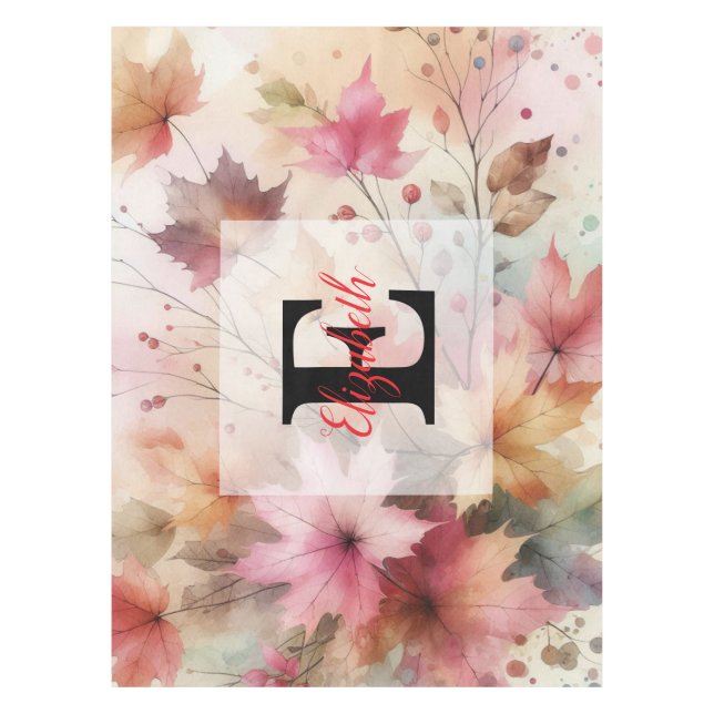 Monogram name Fall leaves in pastels watercolor  Tablecloth (Front)