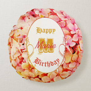 Monogram Name Floral Elegant 21st Happy Birthday Round Pillow