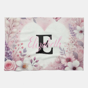 Monogram name floral hearts romantic watercolor kitchen towel