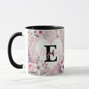 Monogram name floral hearts romantic watercolor mug