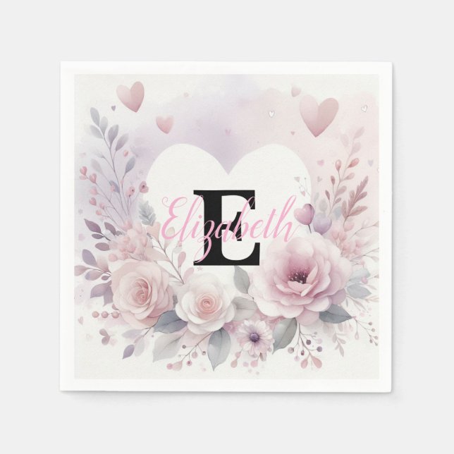 Monogram name floral hearts romantic watercolor  napkin (Front)